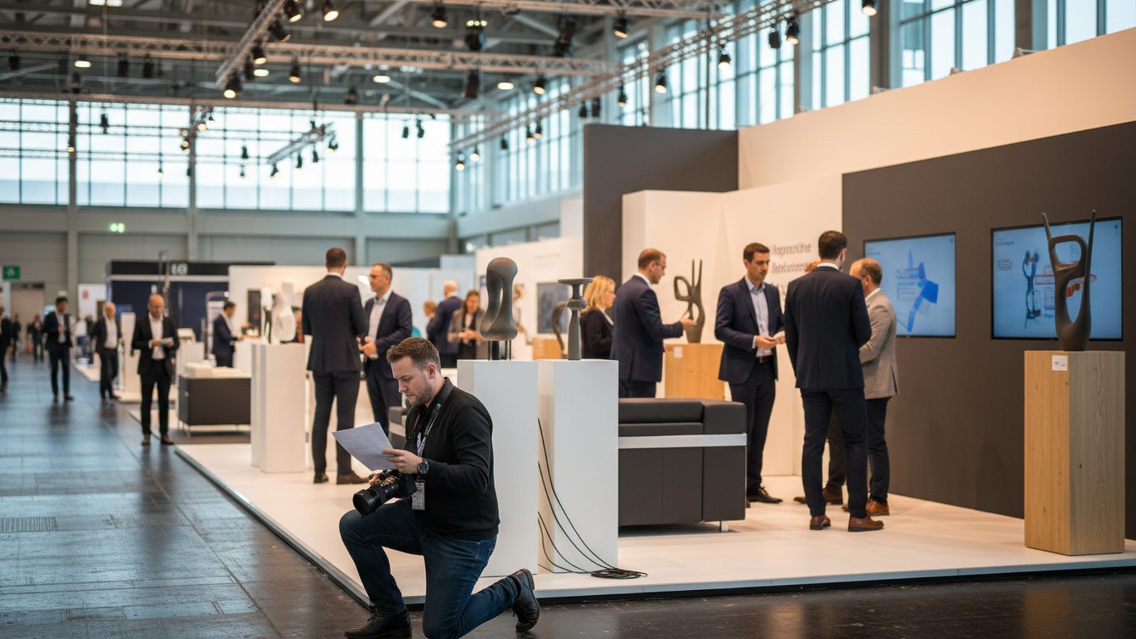 Ausgedruckte Shotlist mit Motiven und Uhrzeiten auf der Theke eines Messestands
