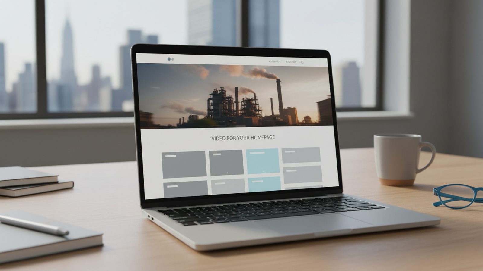 Aufgeklappter Laptop auf einem Holztisch mit einer Website, deren oberer Bereich ein Industriepanorama zeigt, im Hintergrund eine Stadtsilhouette