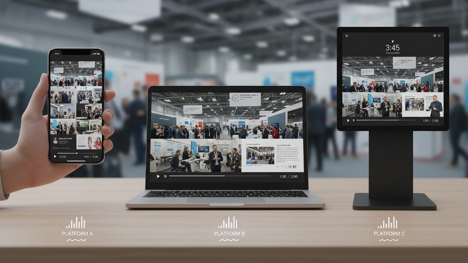 Smartphone, Laptop und Standbildschirm nebeneinander in einer Messehalle, jeder zeigt ein Messevideo in einem anderen Format