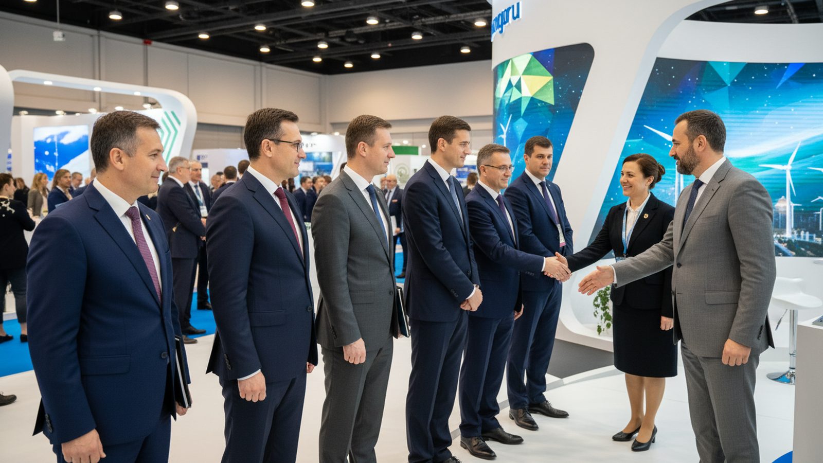 Offizielle Delegation in einer Reihe am Messestand, der Gastgeber begrüßt einen Gast per Handschlag