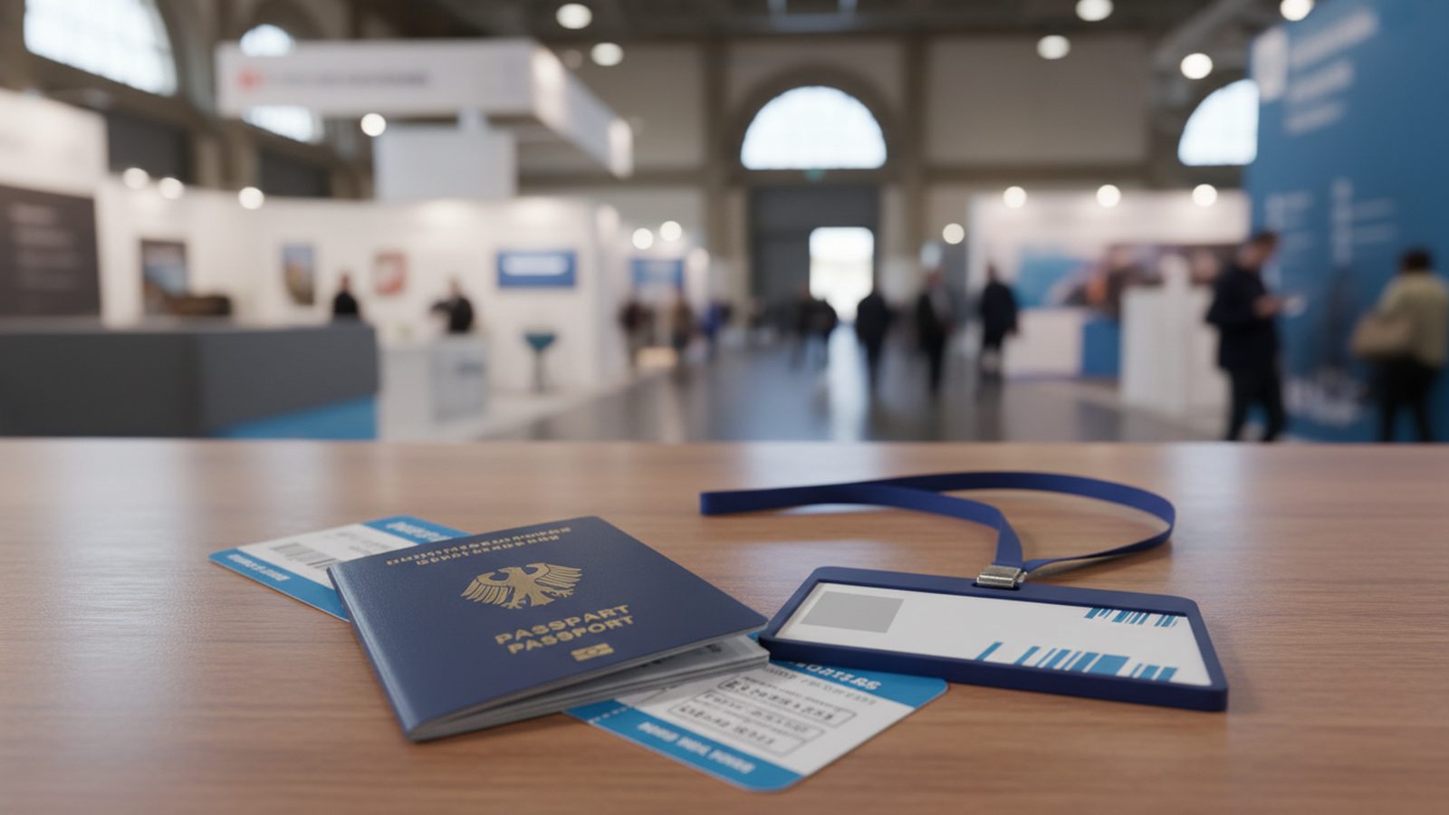 Reisepass, Bordkarten und Ausstellerausweis auf einem Tisch in einer Messehalle