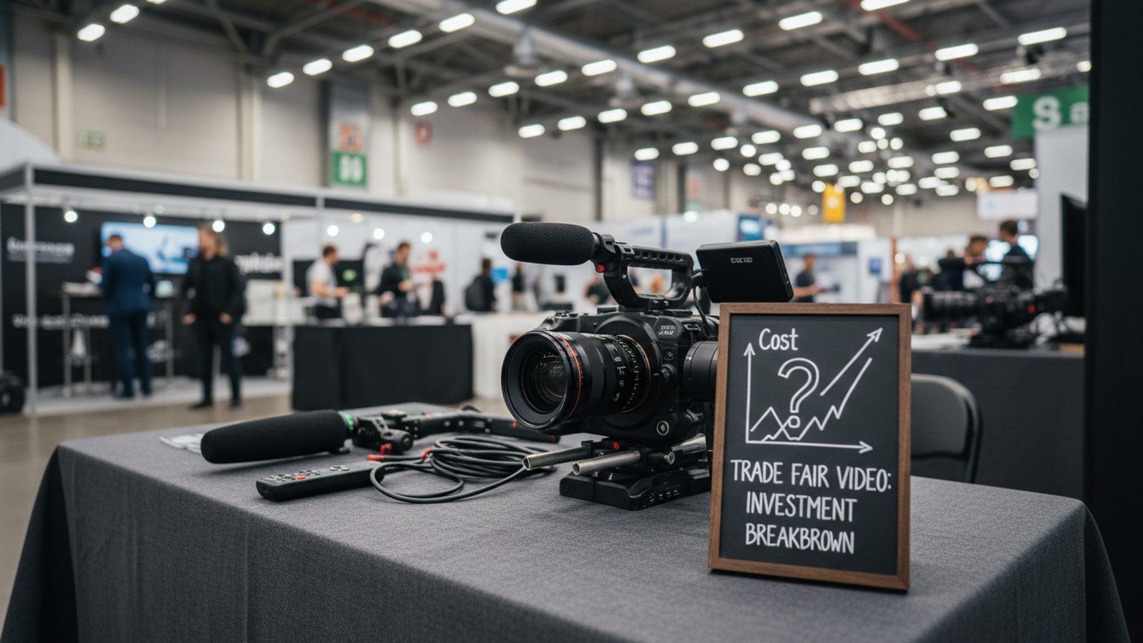 Videograf mit Kamera und Mikrofon filmt ein Interview an einem Messestand