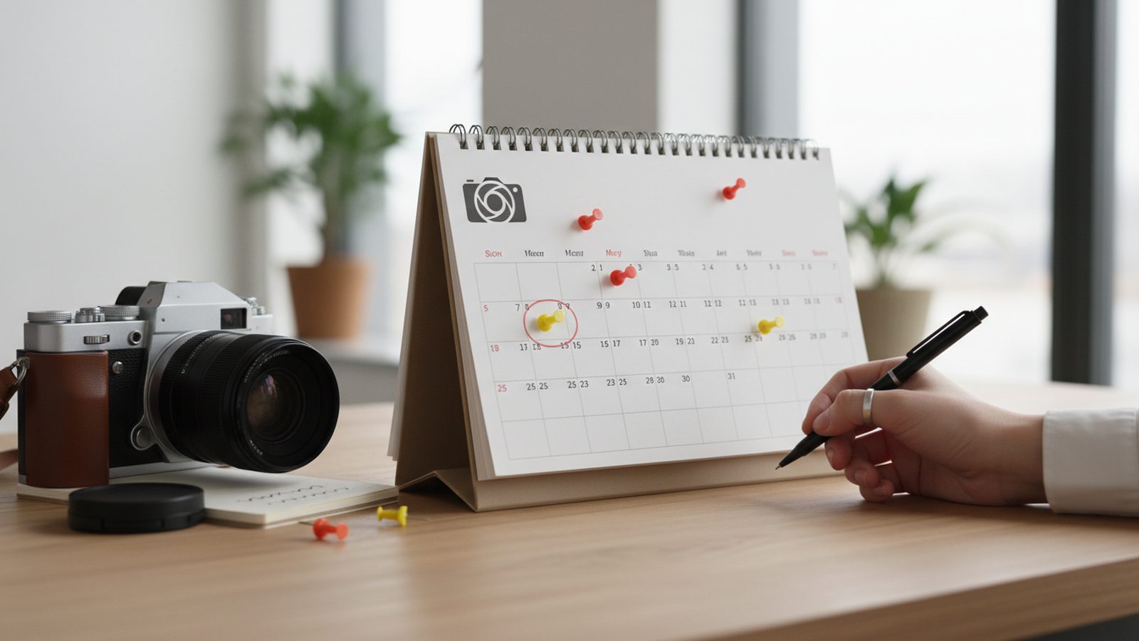 Fotograf am frühen Morgen an einem Messestand vor Einlass, Kalender und Messeplan im Vordergrund