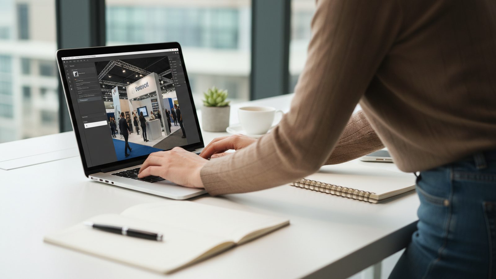 Laptop mit einer Auswahl von Messefotos, daneben wird eine Bildunterschrift getippt